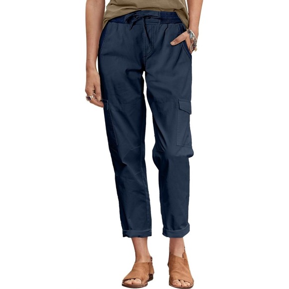 Dakotoo Blue Cargo Pants Womens Drawstring Waist Casual Cropped Trousers Large - Picture 1 of 10